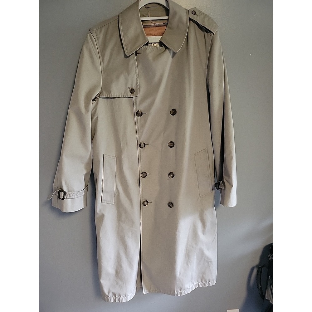 London Fog Mens Trench Tan Beige Double Breasted Zip Out Liner 40 Long Vintage